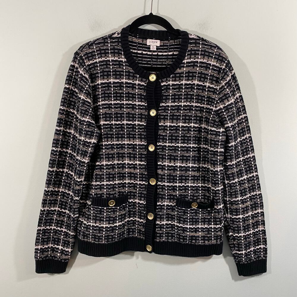 J Crew Women Black Tweed Lady Button Up Cardigan Size XL #BU075